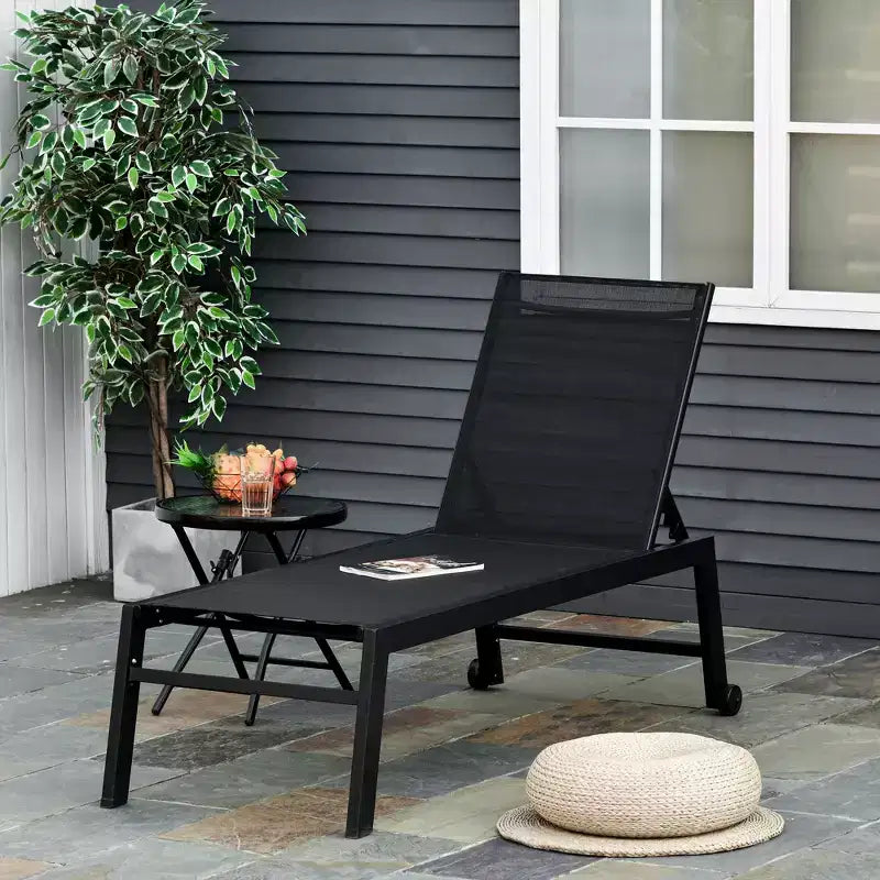 Outdoor Chaise Lounge with Wheels, Five Position Recliner for Sunbathing, Suntanning, Steel Frame, Breathable Fabric for Beach, Patio