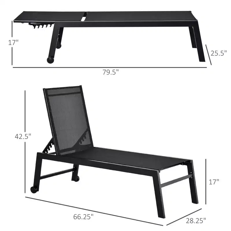 Outdoor Chaise Lounge with Wheels, Five Position Recliner for Sunbathing, Suntanning, Steel Frame, Breathable Fabric for Beach, Patio