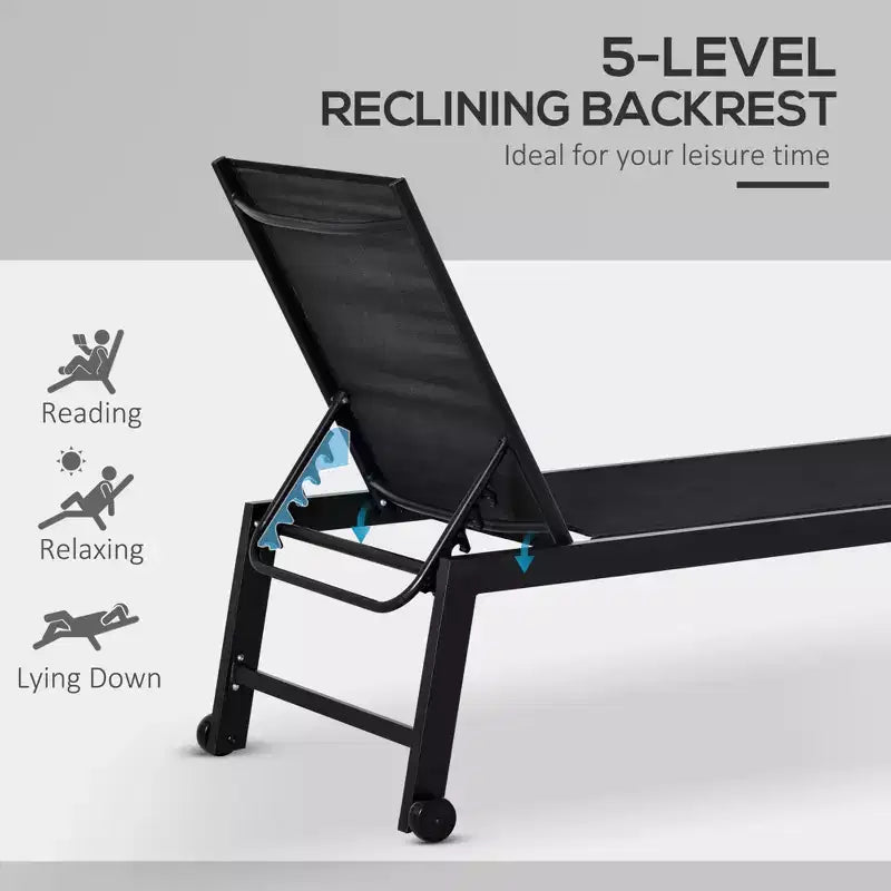 Outdoor Chaise Lounge with Wheels, Five Position Recliner for Sunbathing, Suntanning, Steel Frame, Breathable Fabric for Beach, Patio