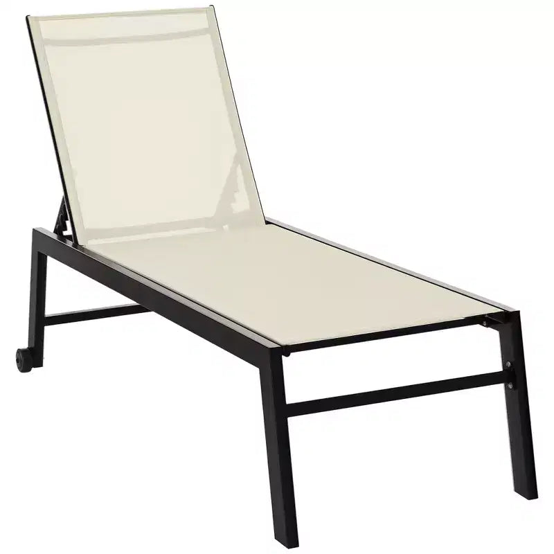 Outdoor Chaise Lounge with Wheels, Five Position Recliner for Sunbathing, Suntanning, Steel Frame, Breathable Fabric for Beach, Patio