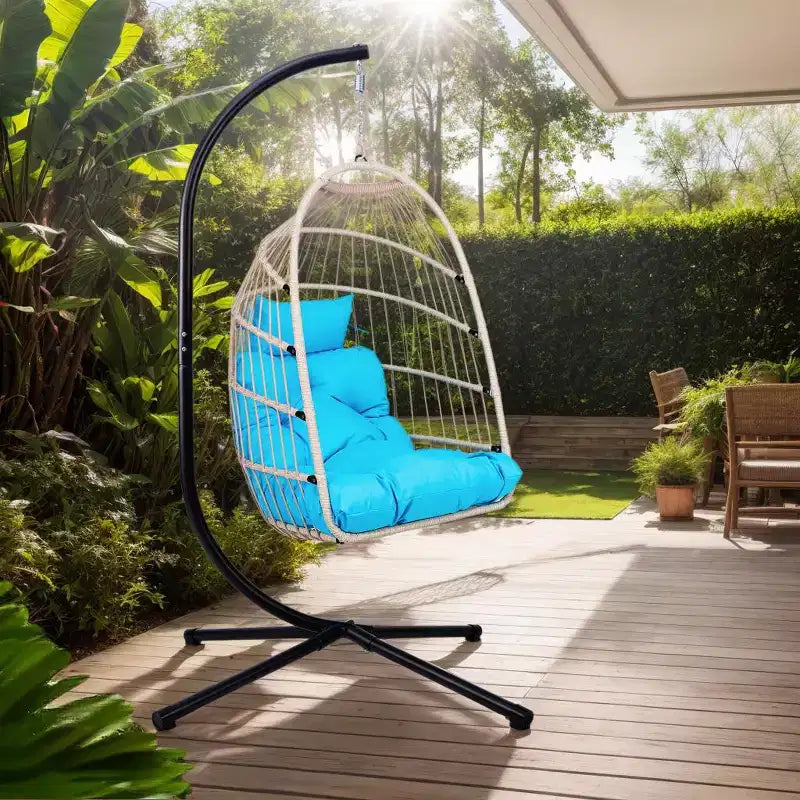 Okak Outdoor Egg Chair with Stand, Hanging Chair with Wicker Seat, Porch Chairs with Cushions for Backyard, Garden, Patio