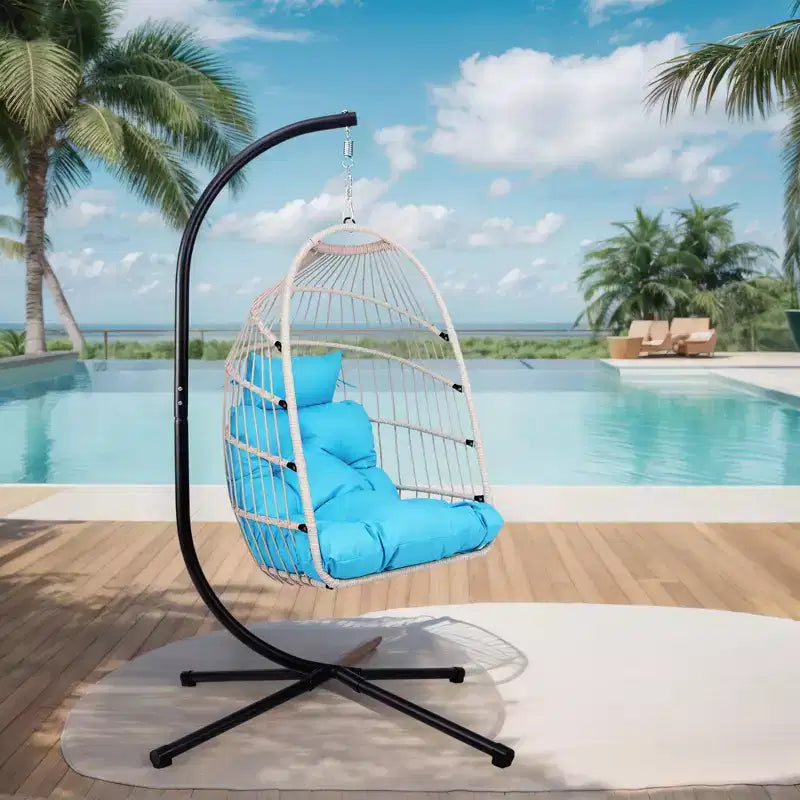 Okak Outdoor Egg Chair with Stand, Hanging Chair with Wicker Seat, Porch Chairs with Cushions for Backyard, Garden, Patio