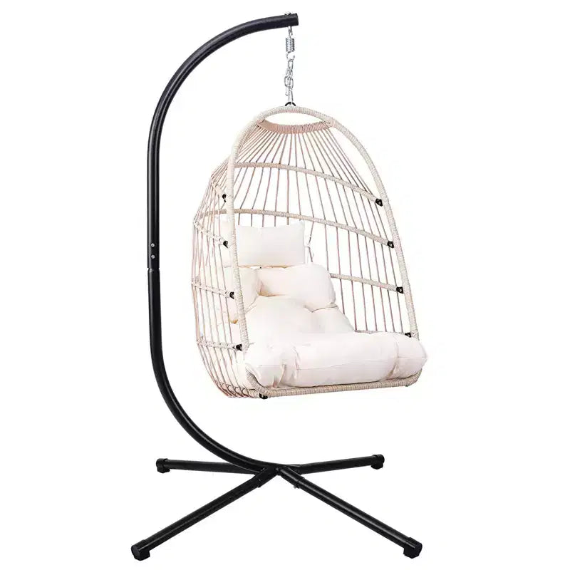 Okak Outdoor Egg Chair with Stand, Hanging Chair with Wicker Seat, Porch Chairs with Cushions for Backyard, Garden, Patio
