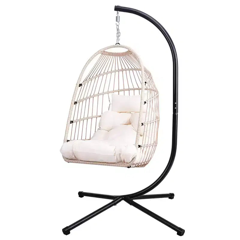 Okak Outdoor Egg Chair with Stand, Hanging Chair with Wicker Seat, Porch Chairs with Cushions for Backyard, Garden, Patio