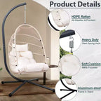 Okak Outdoor Egg Chair with Stand, Hanging Chair with Wicker Seat, Porch Chairs with Cushions for Backyard, Garden, Patio