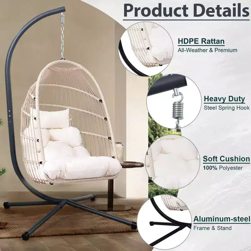 Okak Outdoor Egg Chair with Stand, Hanging Chair with Wicker Seat, Porch Chairs with Cushions for Backyard, Garden, Patio