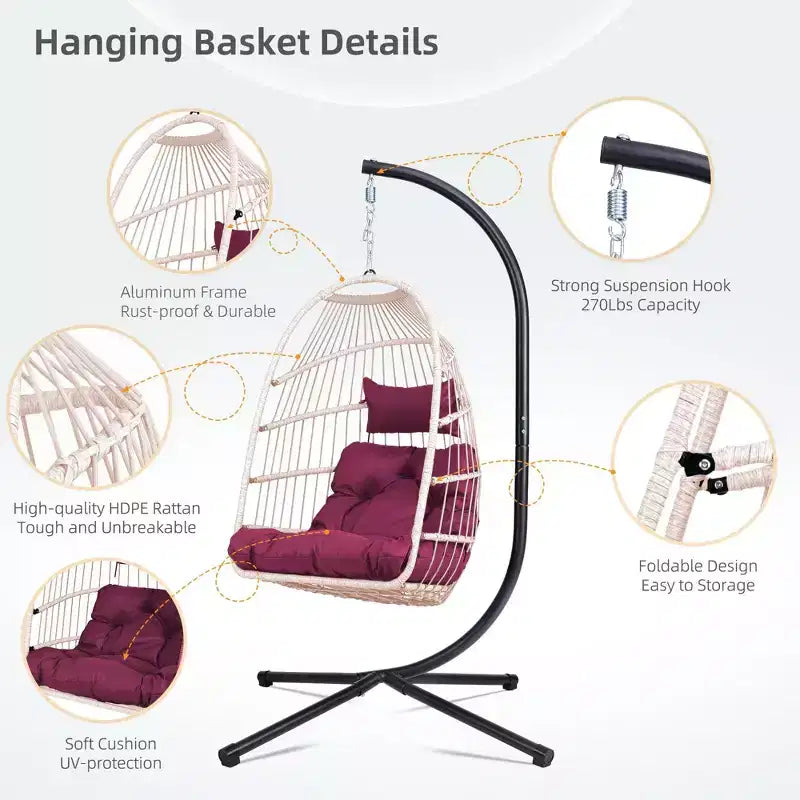 Okak Outdoor Egg Chair with Stand, Hanging Chair with Wicker Seat, Porch Chairs with Cushions for Backyard, Garden, Patio