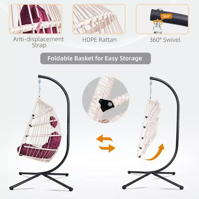 Okak Outdoor Egg Chair with Stand, Hanging Chair with Wicker Seat, Porch Chairs with Cushions for Backyard, Garden, Patio