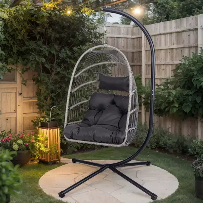 Okak Outdoor Egg Chair with Stand, Hanging Chair with Wicker Seat, Porch Chairs with Cushions for Backyard, Garden, Patio
