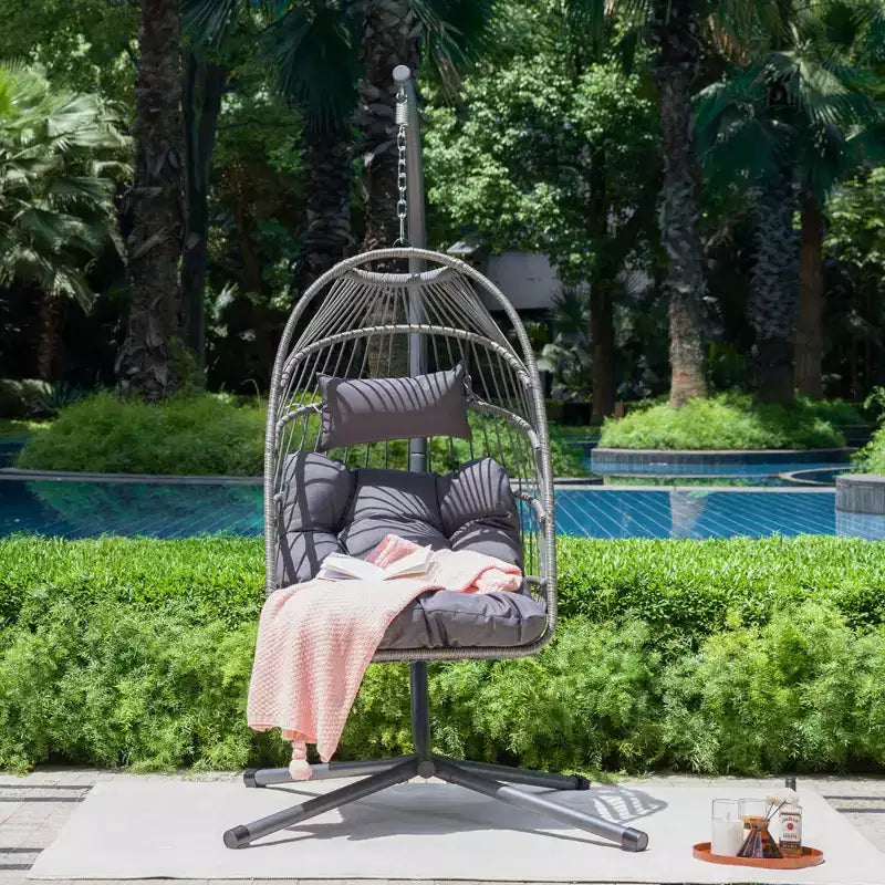 Okak Outdoor Egg Chair with Stand, Hanging Chair with Wicker Seat, Porch Chairs with Cushions for Backyard, Garden, Patio