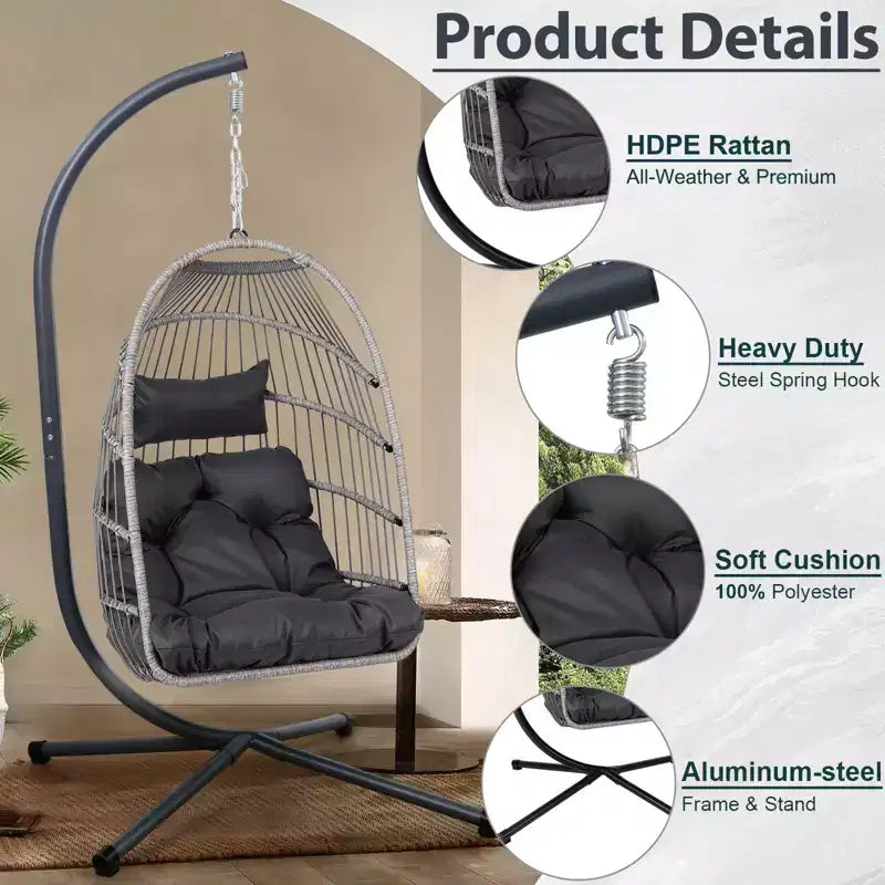 Okak Outdoor Egg Chair with Stand, Hanging Chair with Wicker Seat, Porch Chairs with Cushions for Backyard, Garden, Patio