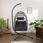 Okak Outdoor Egg Chair with Stand, Hanging Chair with Wicker Seat, Porch Chairs with Cushions for Backyard, Garden, Patio