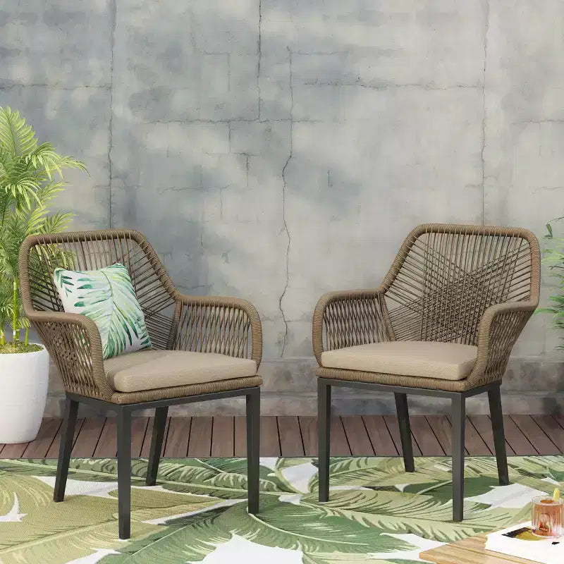 Okak Lawn Chairs with Woven Backrest and Cushions, Outdoor Chair with Fixed Armrests, Patio Chair for Deck, Backyard, Garden, Brown+Beige