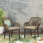 Okak Lawn Chairs with Woven Backrest and Cushions, Outdoor Chair with Fixed Armrests, Patio Chair for Deck, Backyard, Garden, Brown+Beige