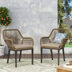 Okak Lawn Chairs with Woven Backrest and Cushions, Outdoor Chair with Fixed Armrests, Patio Chair for Deck, Backyard, Garden, Brown+Beige