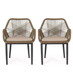 Okak Lawn Chairs with Woven Backrest and Cushions, Outdoor Chair with Fixed Armrests, Patio Chair for Deck, Backyard, Garden, Brown+Beige