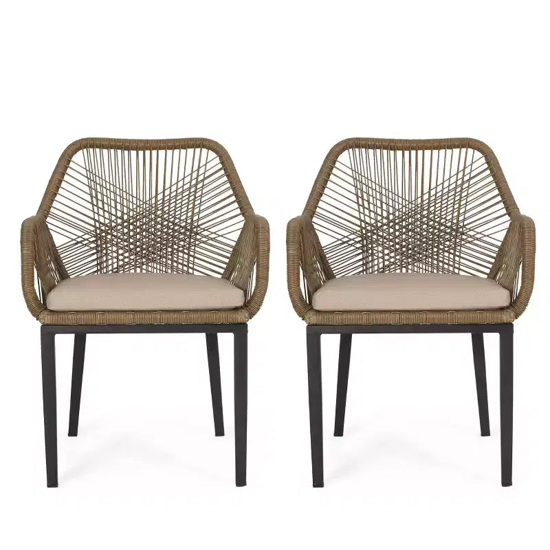 Okak Lawn Chairs with Woven Backrest and Cushions, Outdoor Chair with Fixed Armrests, Patio Chair for Deck, Backyard, Garden, Brown+Beige