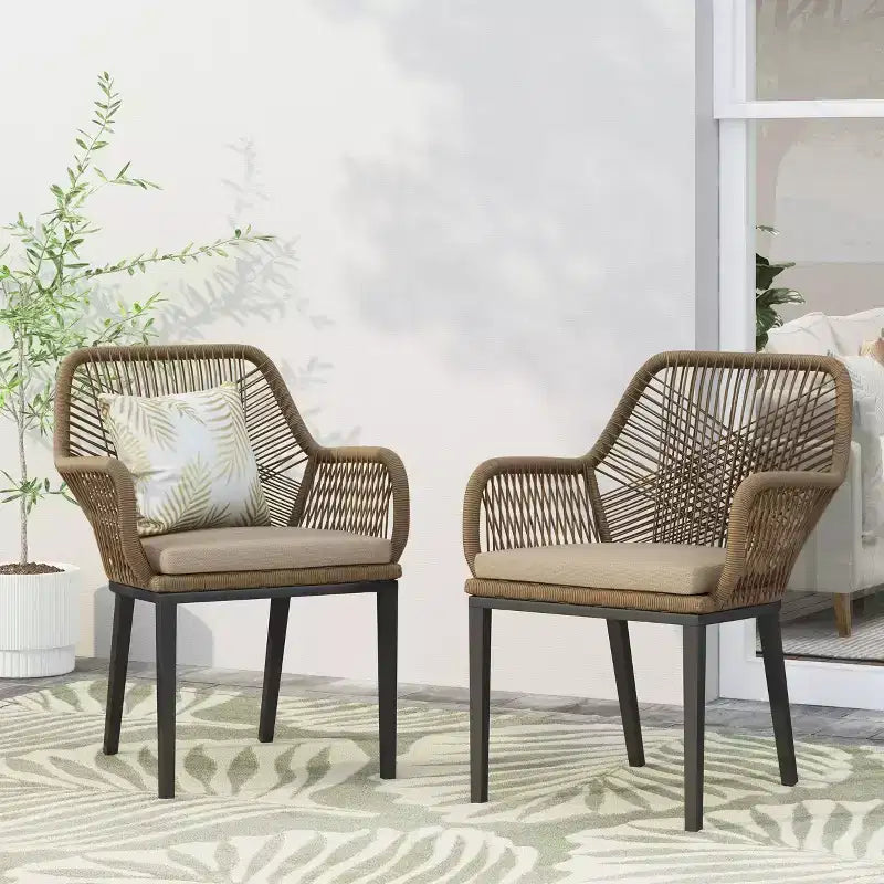 Okak Lawn Chairs with Woven Backrest and Cushions, Outdoor Chair with Fixed Armrests, Patio Chair for Deck, Backyard, Garden, Brown+Beige