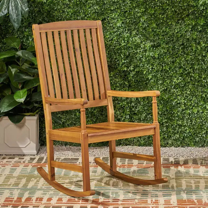 Okak Acacia Wood Outdoor Rocking Chairs with 250lbs Support, Porch Chairs with High Back and Fixed Arms, Outside Chairs for Deck, Lawn, Teak