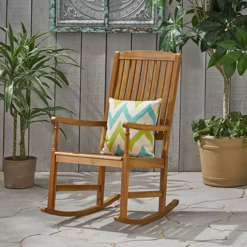 Okak Acacia Wood Outdoor Rocking Chairs with 250lbs Support, Porch Chairs with High Back and Fixed Arms, Outside Chairs for Deck, Lawn, Teak