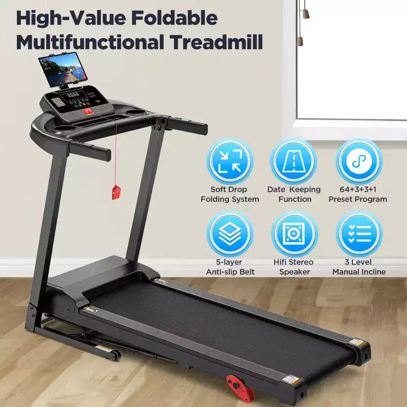 300LBS Capacity Folding Treadmill w/ Incline for Home, 3.75HP Portable Treadmill, 64+3+3+1 Program, Walking Running Exercise Machine
