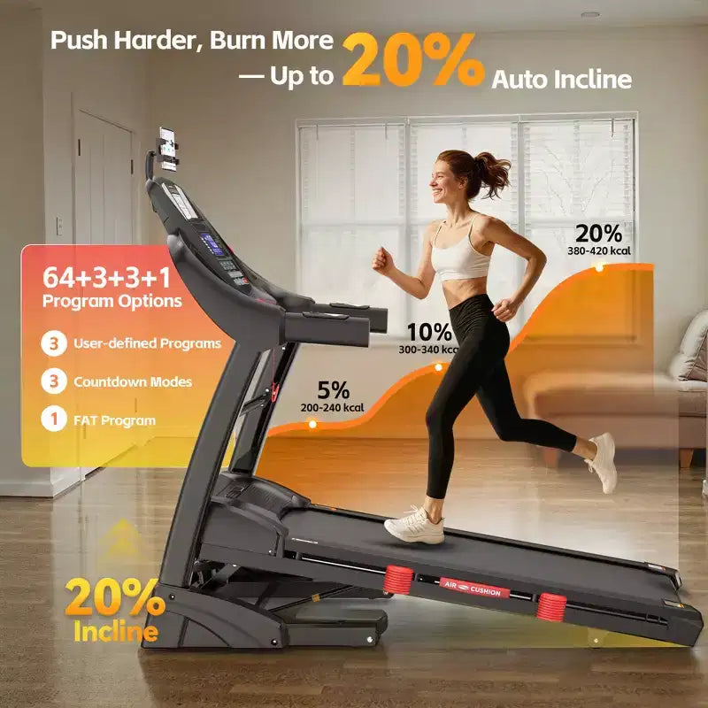 400 lbs Capacity Treadmill for Home with 20% Incline, 5.0 HP Folding Treadmill for Exercising, 0.612 MPH, APP Control, Shock Absorption,Knee Support