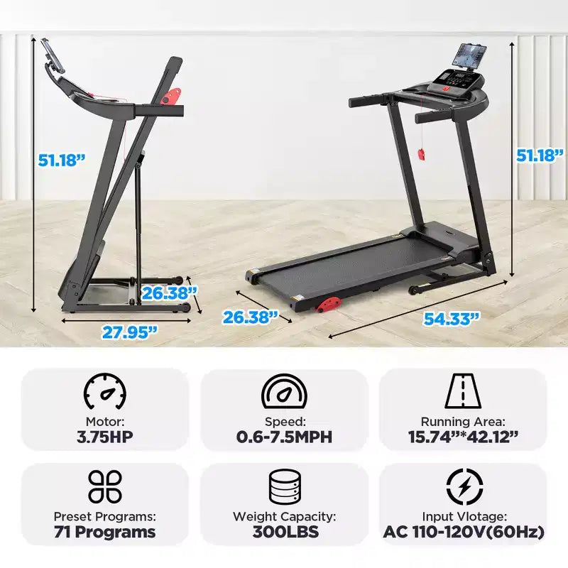 300LBS Capacity Folding Treadmill w/ Incline for Home, 3.75HP Portable Treadmill, 71 Program, Shock Absorption Belt,Walking Running Exercise Machine