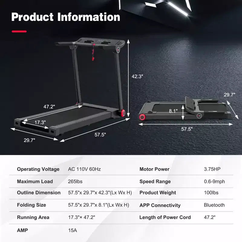 Gymax Folding Treadmill Electric Walking Running Machine with 3.75HP Powerful Motor Electric Under Desk Treadmill with Bluetooth Speaker LCD Monitor