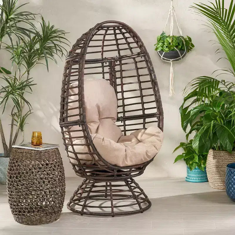 TUYOHW Modern PE Wicker Patio Egg Chair Rattan Accent Chairs,Chic Putdoor Accent Chair for Porch,Backyard & Garden,Brown