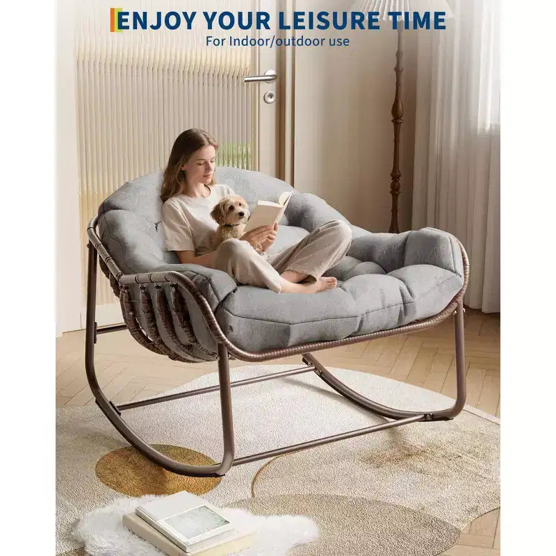 Indoor Papasan Chair, Thick Tufted Cushion & Wicker Design, Ergonomic Lounge Seat for Bedroom or Living Room