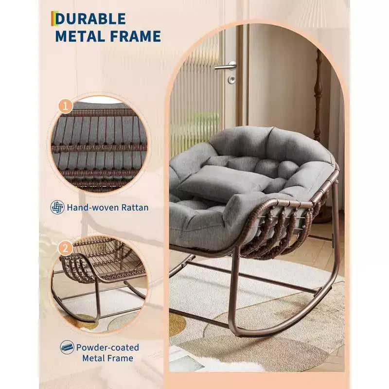 Indoor Papasan Chair, Thick Tufted Cushion & Wicker Design, Ergonomic Lounge Seat for Bedroom or Living Room