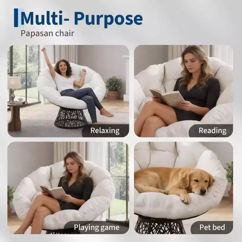 Indoor Papasan Chair, Thick Tufted Cushion & Wicker Design, Ergonomic Lounge Seat for Bedroom or Living Room