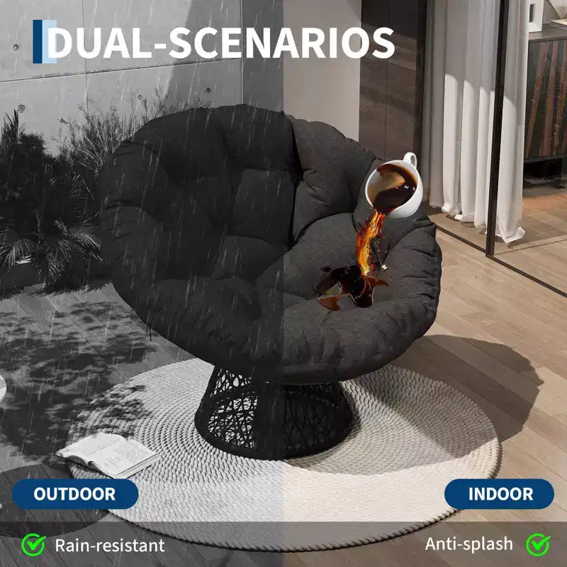 Indoor Papasan Chair, Thick Tufted Cushion & Wicker Design, Ergonomic Lounge Seat for Bedroom or Living Room