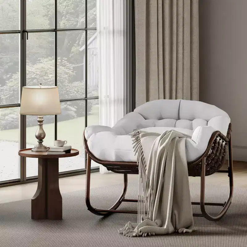 Indoor Papasan Chair, Thick Tufted Cushion & Wicker Design, Ergonomic Lounge Seat for Bedroom or Living Room