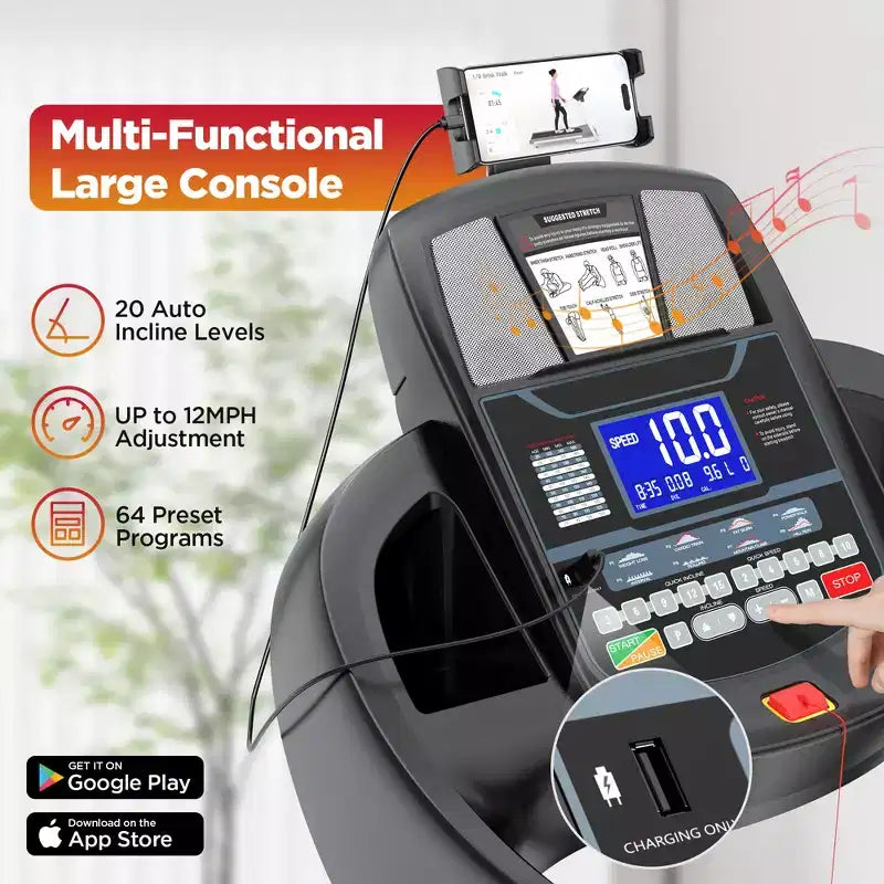 4.5HP Folding Treadmill for Home/Office,20% Adjustable Incline, APP Control, 71 Programs