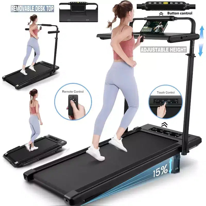 KRISRATE 4-in-1 3.5HP Foldable Treadmill with 15% Incline & Removable Desk & Handle Bar, Under Desk Folding Walking Pad Treadmills for Home/Office/Gym