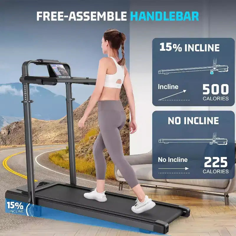 KRISRATE 4-in-1 3.5HP Foldable Treadmill with 15% Incline & Removable Desk & Handle Bar, Under Desk Folding Walking Pad Treadmills for Home/Office/Gym
