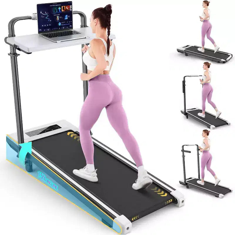 KRISRATE 4-in-1 3.5HP Foldable Treadmill with 15% Incline & Removable Desk & Handle Bar, Under Desk Folding Walking Pad Treadmills for Home/Office/Gym