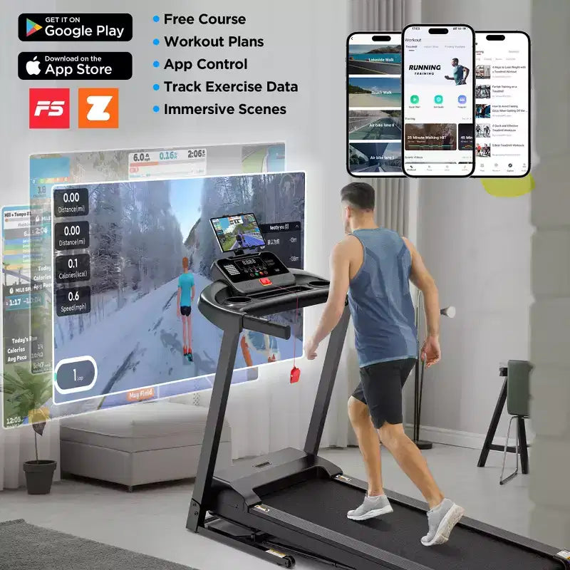 3.5HP Folding Treadmill for Home, 3-Level Incline, 7.5 MPH, 64 Programs, Free courses & App Control