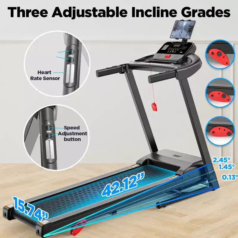Treadmill on Sale: 3HP Portable Folding Treadmill for Home, 9% Incline, 7.5MPH, LED Display, APP Control, 64 Programs, Bluetooth, Knee braces included