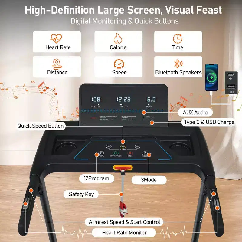 Whisen 3.0HP Quiet Foldable Treadmills, 300 LBS Capacity Home Exercise Equipment Treadmills with Incline, Heart Rate Sensors - Black