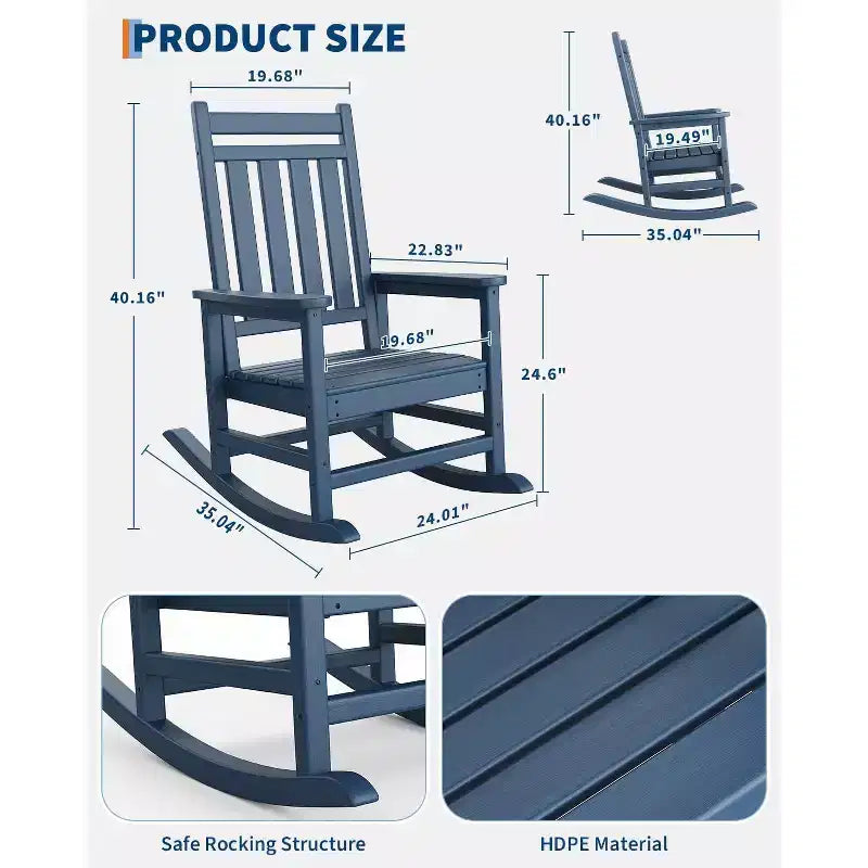 Rocking Chair Outdoor Set of 2 - HDPE Poly High Back Porch Rocker Chairs for Adults - All Weather Resistant Furniture for Patio Front Porch - Black