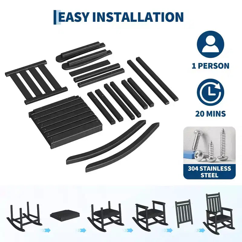 Rocking Chair Outdoor Set of 2 - HDPE Poly High Back Porch Rocker Chairs for Adults - All Weather Resistant Furniture for Patio Front Porch - Black