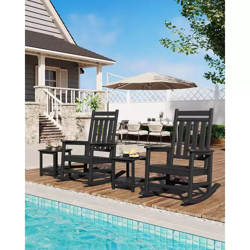 Rocking Chair Outdoor Set of 2 - HDPE Poly High Back Porch Rocker Chairs for Adults - All Weather Resistant Furniture for Patio Front Porch - Black