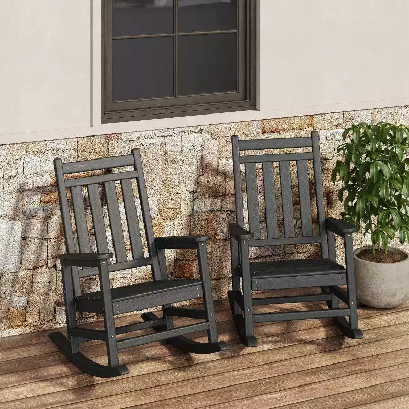 Rocking Chair Outdoor Set of 2 - HDPE Poly High Back Porch Rocker Chairs for Adults - All Weather Resistant Furniture for Patio Front Porch - Black