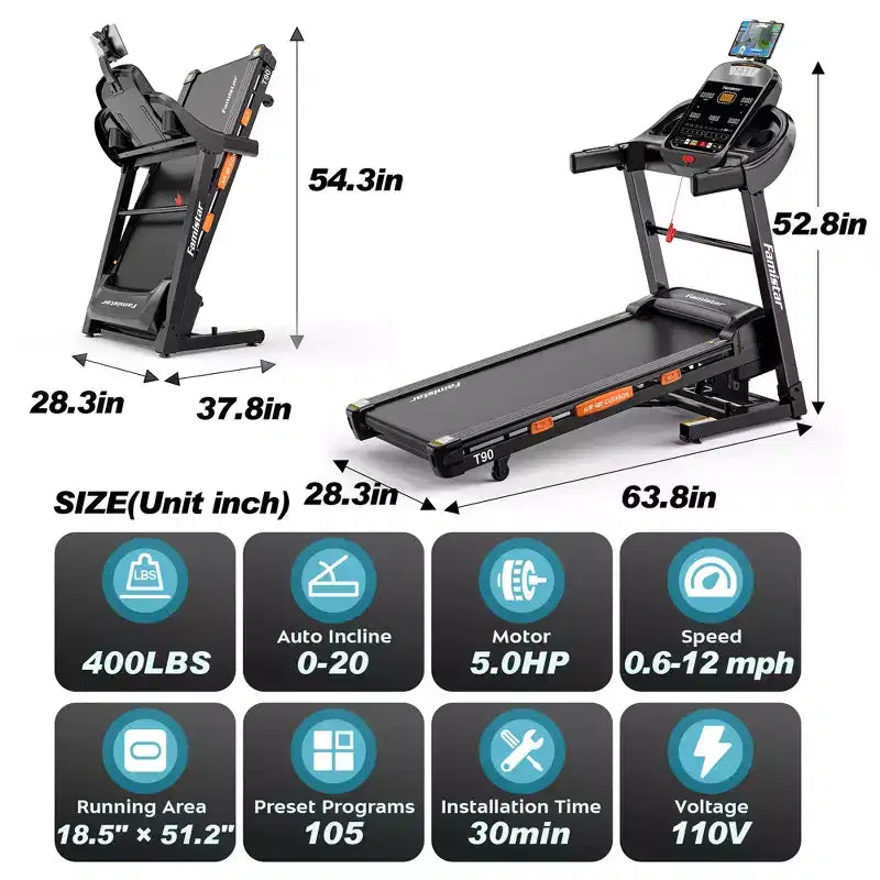 5.1HP Foldable Treadmill w/ 20% Auto Incline,400lbs Capacity,12MPH Portable Treadmill for Home,105 Programs,Personalized Workout w/APP,Running Walking
