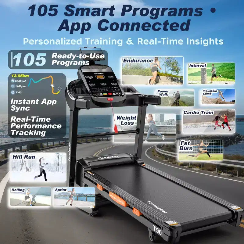 5.1HP Foldable Treadmill w/ 20% Auto Incline,400lbs Capacity,12MPH Portable Treadmill for Home,105 Programs,Personalized Workout w/APP,Running Walking