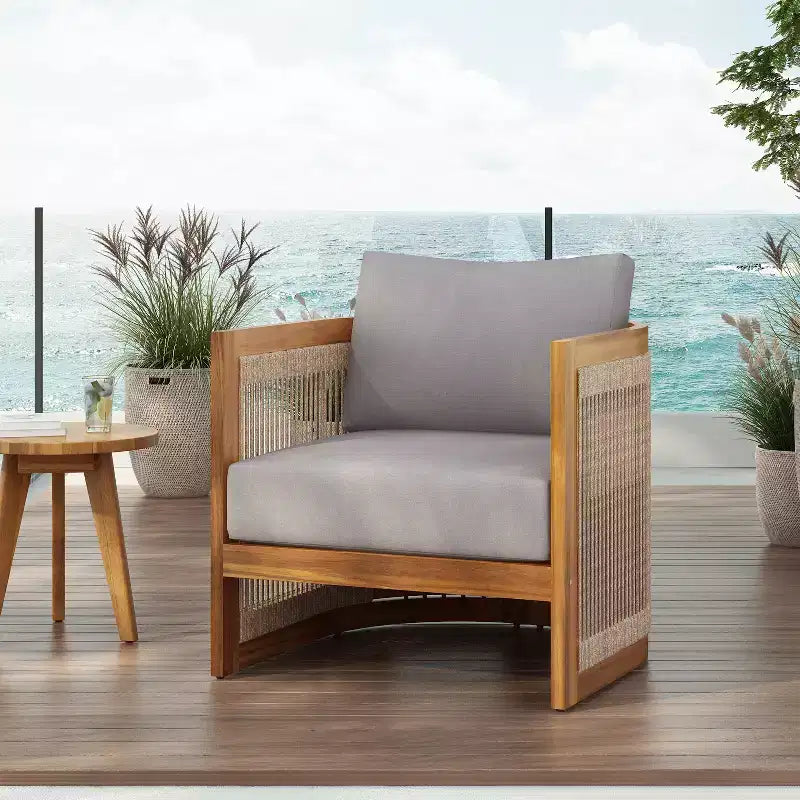 Patio Accent Chair Barrel Chair Outdoor Club Chair Curved Armchair Patio Seat with Water-Resistant Cushion & All-Weather Acacia Wood Frame -ModernLuxe