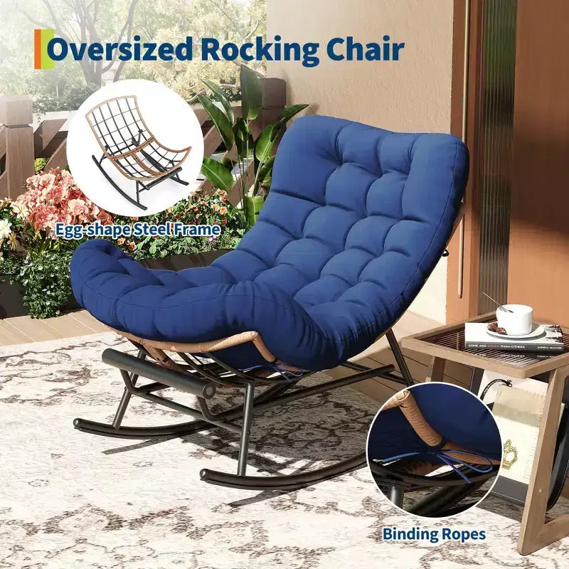 Outdoor Rocking Chair with Footrest,Oversized Patio Papasan Chairs with Cushion,Modern Lounge Rocker Chair for Indoor Living Room Garden Porch Balcony