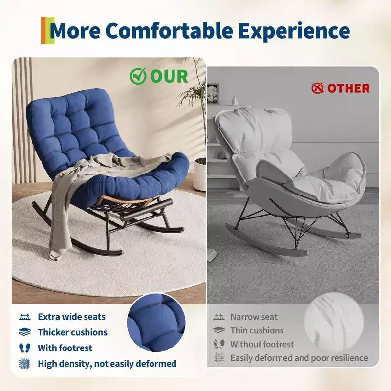 Outdoor Rocking Chair with Footrest,Oversized Patio Papasan Chairs with Cushion,Modern Lounge Rocker Chair for Indoor Living Room Garden Porch Balcony